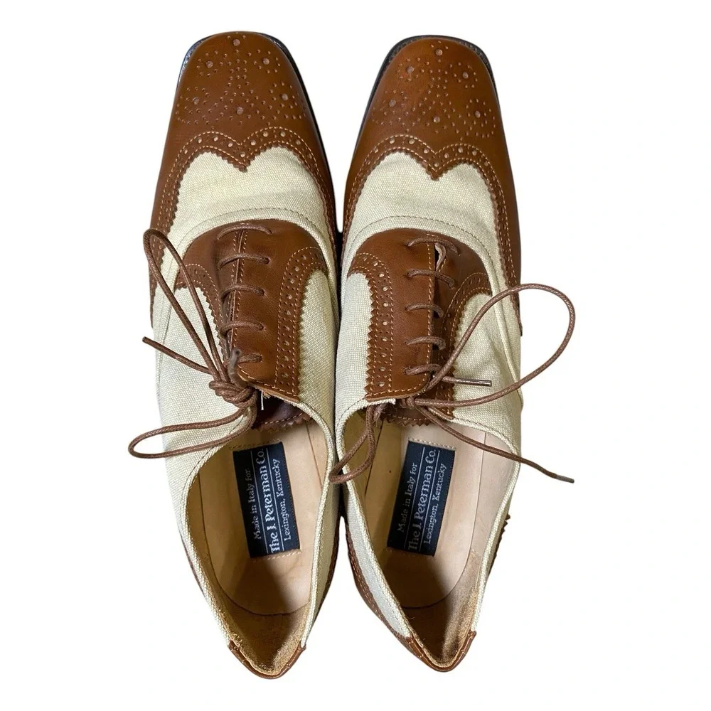J Peterman Co Mens Spectator Shoes Canvas Leather Wingtip Oxfords Italy 10.5B